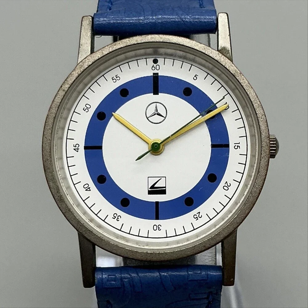 Mercedes-Benz CLK Cabrio Mens Watch 32mm White Blue Dial Blue Leather New Batt